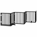 Black foldable dog gate with door, 6-panel freestanding pet barrier made of poplar wood, 300cm total length.