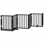 Black foldable dog gate with door, 6-panel freestanding pet barrier made of poplar wood, 300cm total length.