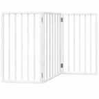 Freestanding natural wood dog gate positioned in a living room doorway as a decorative and functional pet safety barrier.