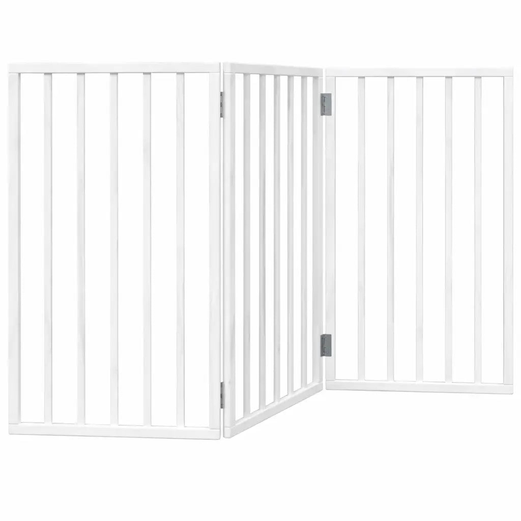 Freestanding natural wood dog gate positioned in a living room doorway as a decorative and functional pet safety barrier.