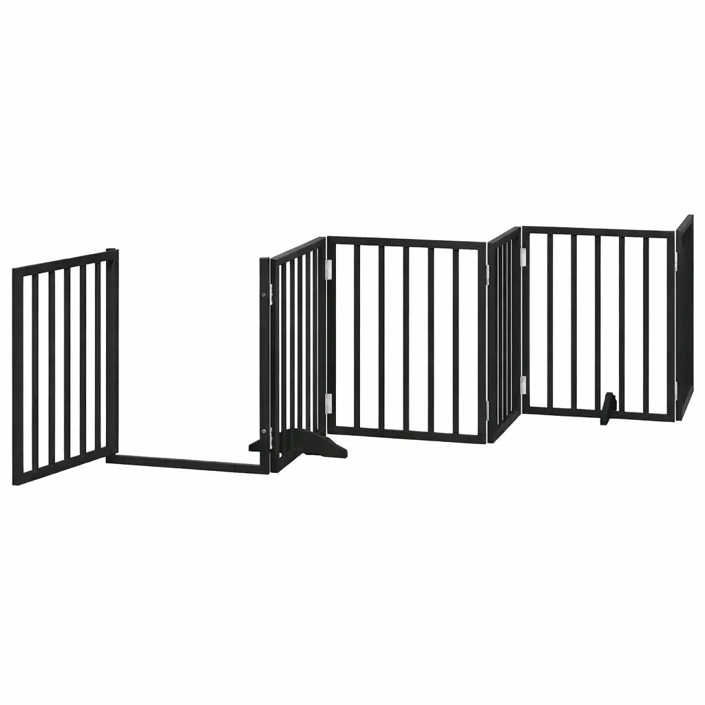 Close-up detail of the silver metal hinges connecting the black poplar wood panels of the foldable dog gate.