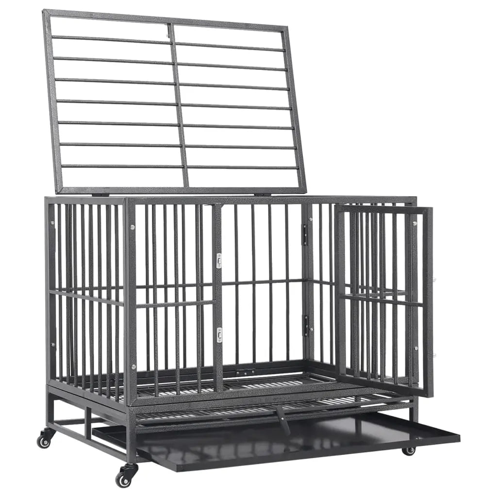Dog crate with hinged door open and removable slide-out tray extended, shown on white background