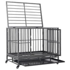 Dog crate with hinged door open and removable slide-out tray extended, shown on white background