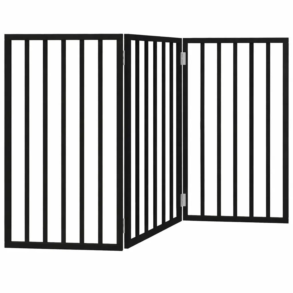 White foldable dog gate with three panels, 150 cm long indoor wooden pet fence for home doorway and hallway security.