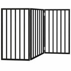 White foldable dog gate with three panels, 150 cm long indoor wooden pet fence for home doorway and hallway security.