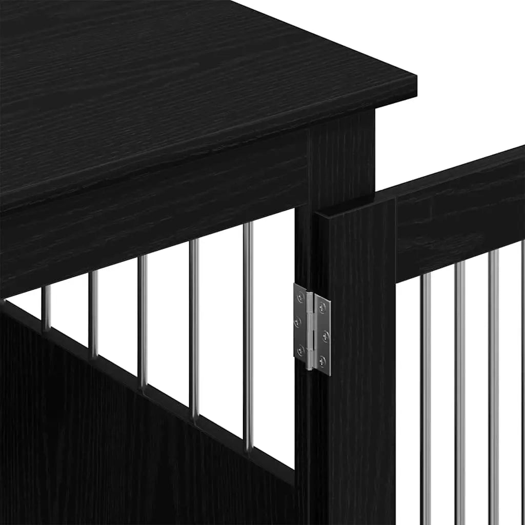 Grey Sonoma engineered wood dog crate furniture with hinged door shown opening from either side