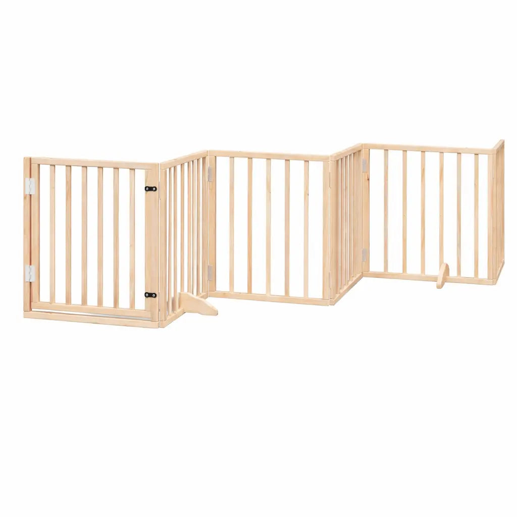 Black 6-panel wooden dog gate placed in a kitchen doorway, freestanding pet safety barrier for indoor use.