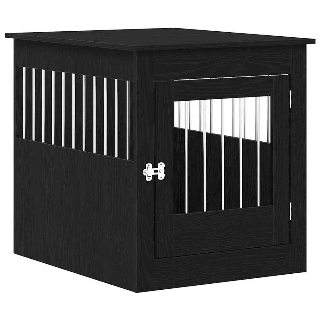 Close-up of metal hinge and steel wire panel on black oak dog crate furniture
